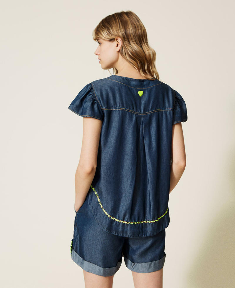 Blouse with neon-coloured embroidery Dark Denim Woman 221LM2QAA-03