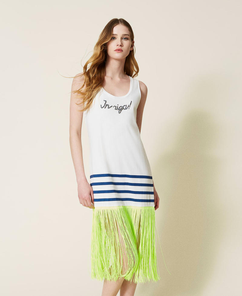 Dress with embroidery and fringes Off White / Blue Stripe / Neon Yellow Multicolour Woman 221LM2RGG-01