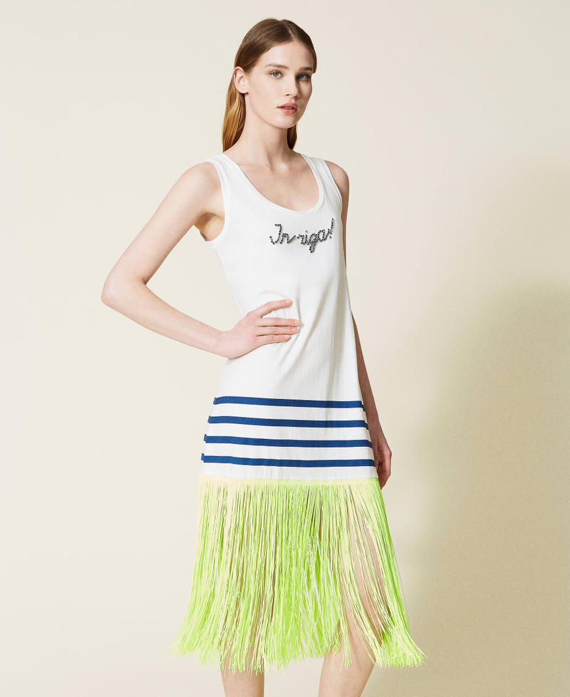 Dress with embroidery and fringes Off White / Blue Stripe / Neon Yellow Multicolour Woman 221LM2RGG-02
