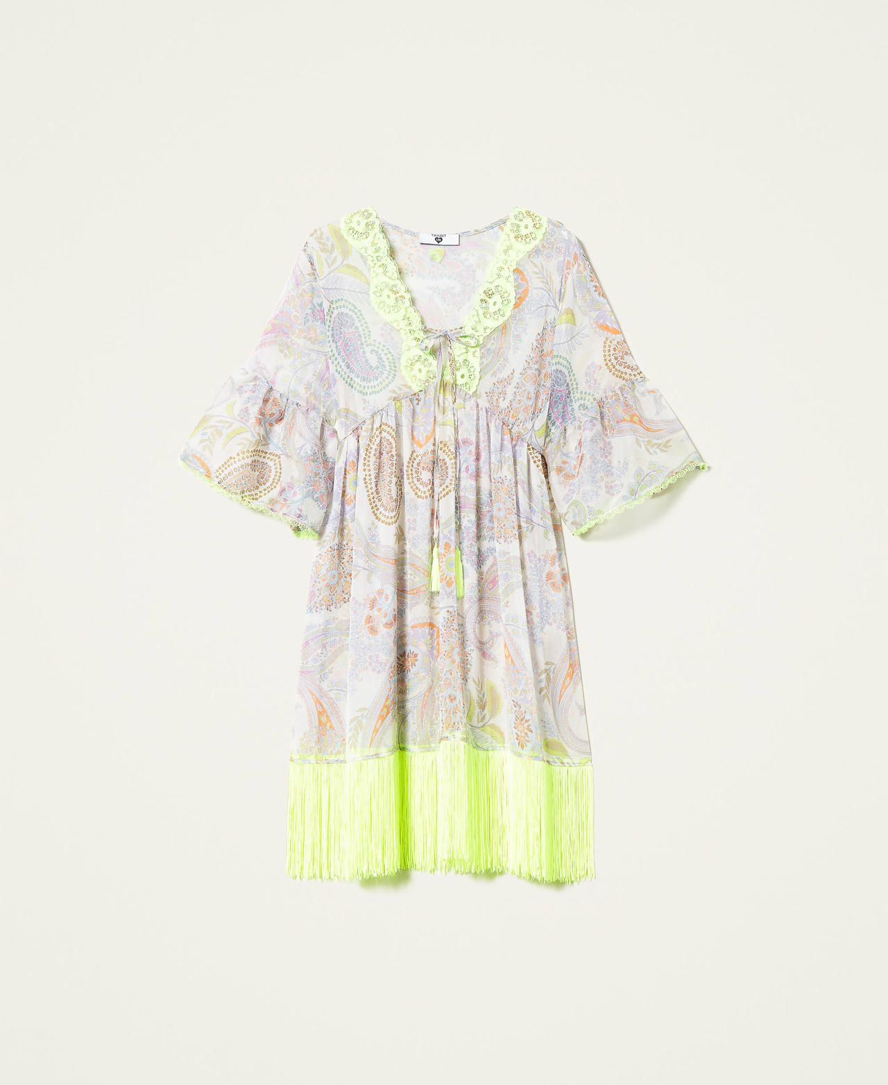 Kaftan dress with print and fringes