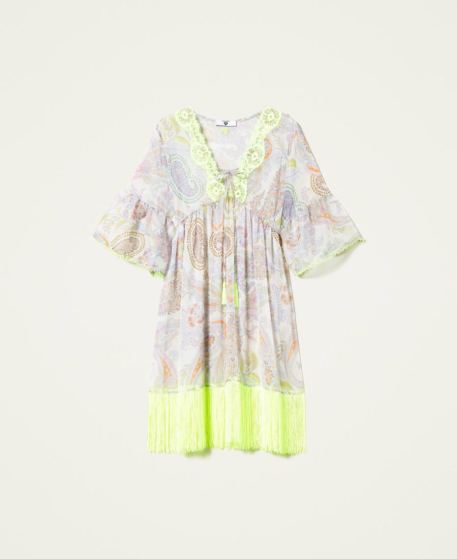 Robe caftan avec imprim&eacute; et franges