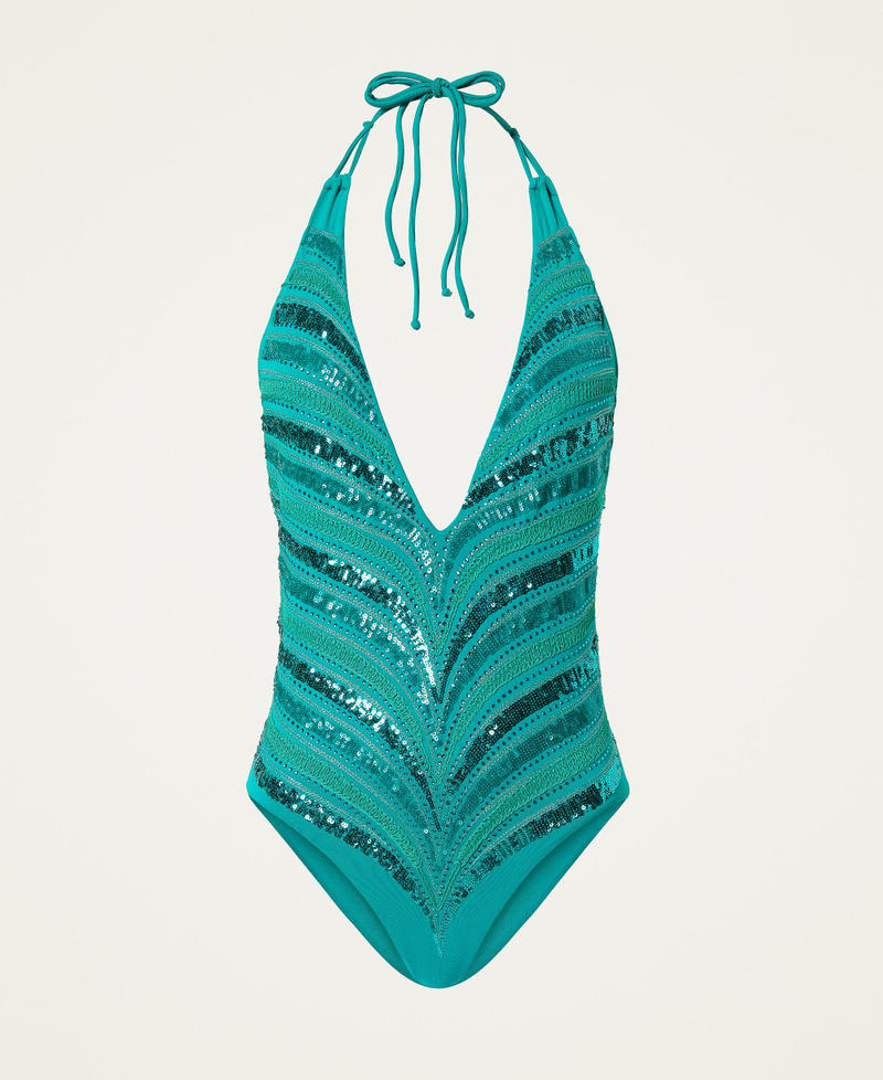 One-piece swimsuit with embroidery Sapphire Green Woman 221LMMEYY-0S