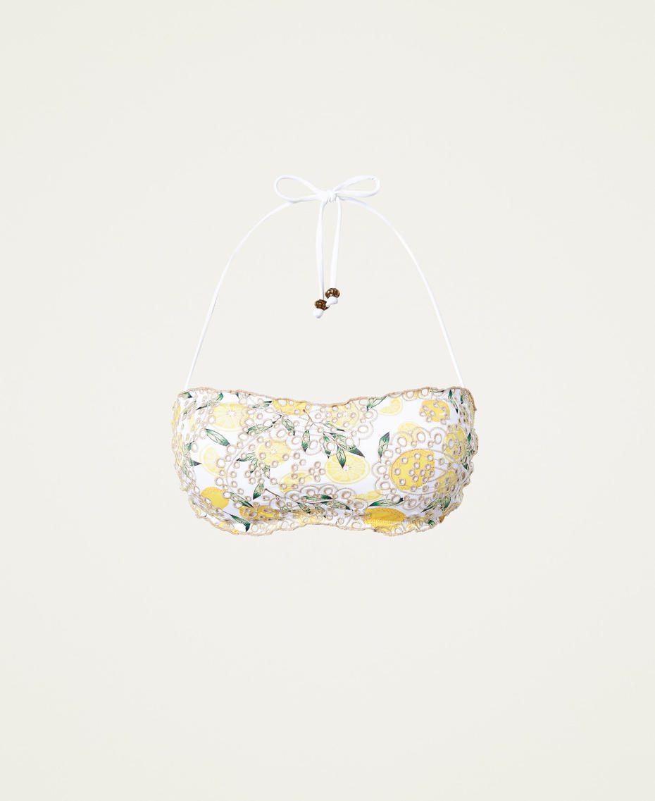 Bandeau bikini top with print and embroidery