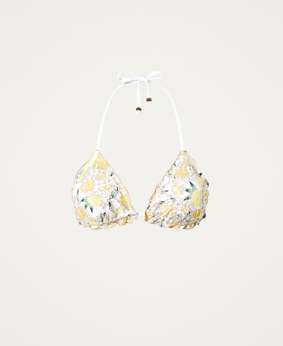 Triangle bikini top with print and embroidery