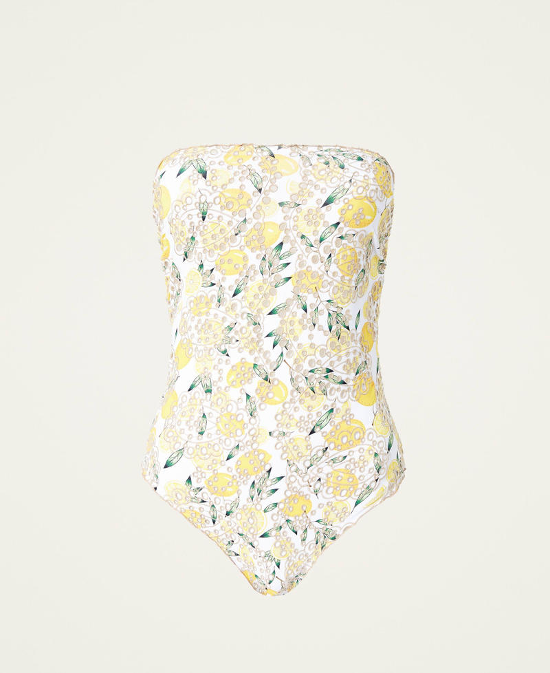 One-piece swimsuit with print and embroidery