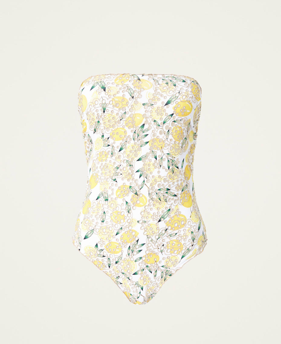 One-piece swimsuit with print and embroidery