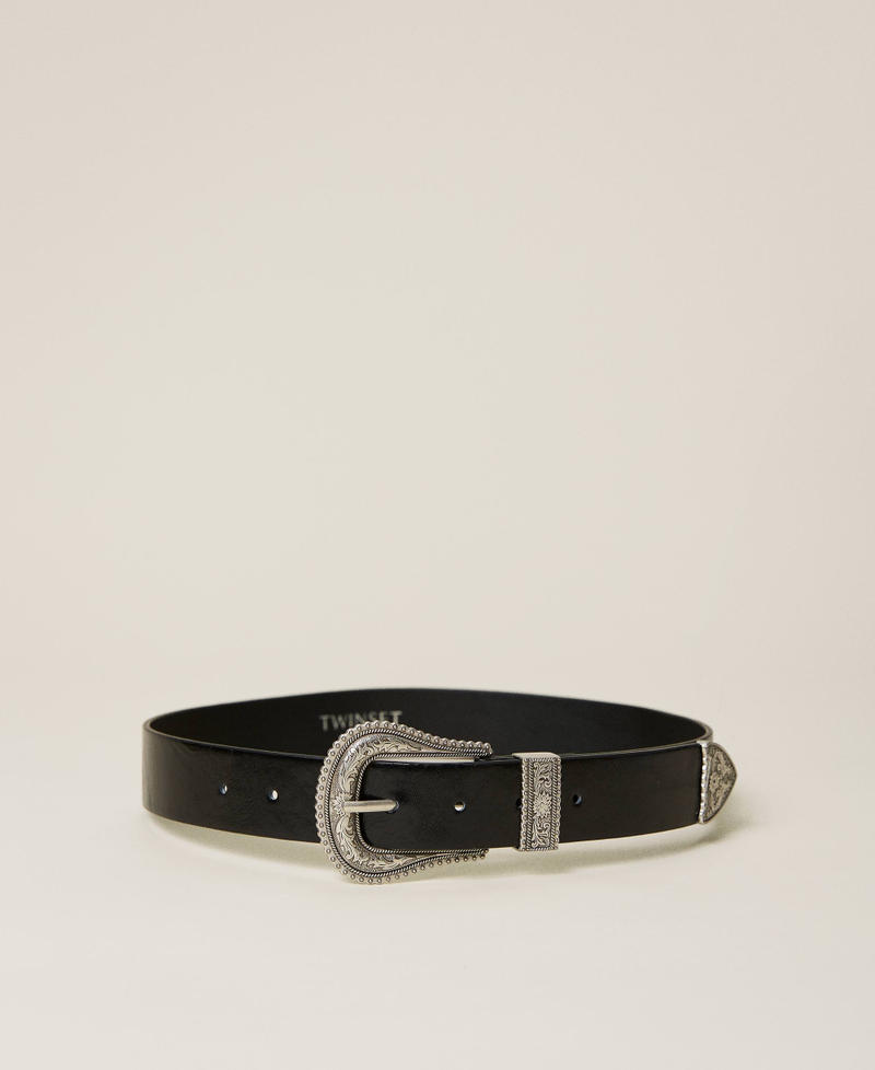Cinturón de piel con hebilla texana Negro Mujer 221TA401B-03