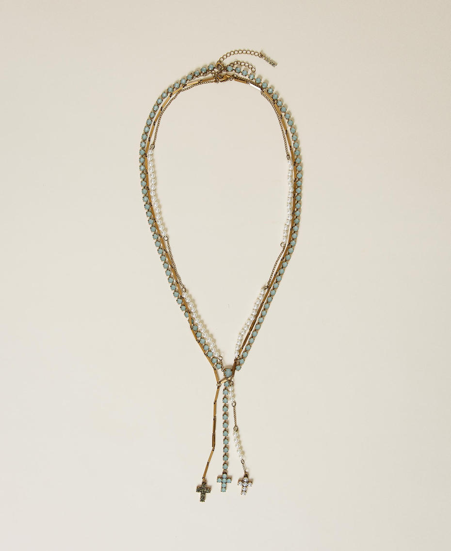 Set aus Halsketten mit Steinchen, Strass und Perlchen Multicolor „Lichen“-Grün / „Verkupfertes Altmessing“-Gold Frau 221TA4044-01