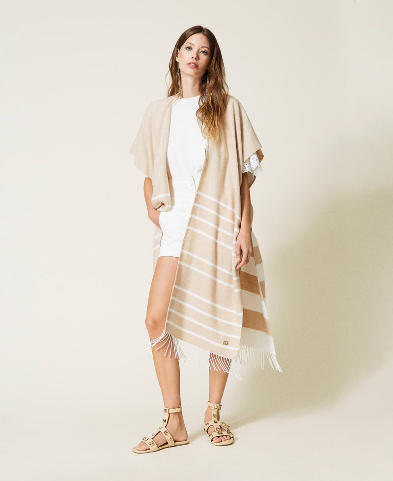 Long striped gilet with fringes Two-tone "Cuban Sand" Beige / Lily Woman 221TA406E-01