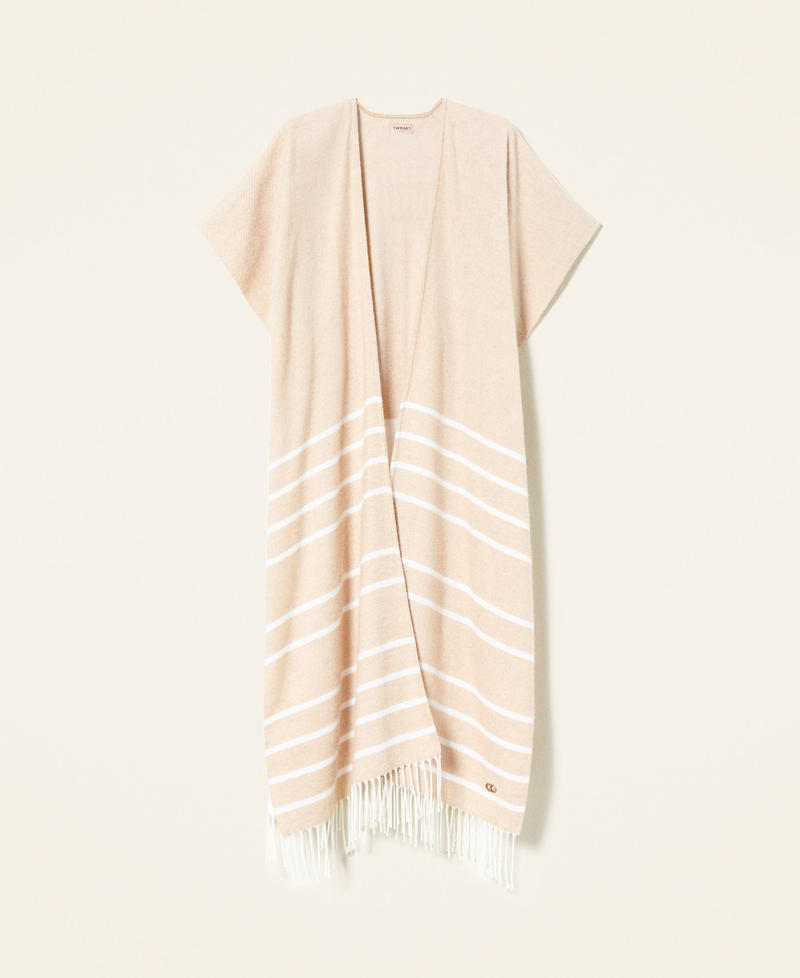 Long striped gilet with fringes Two-tone "Cuban Sand" Beige / Lily Woman 221TA406E-0S