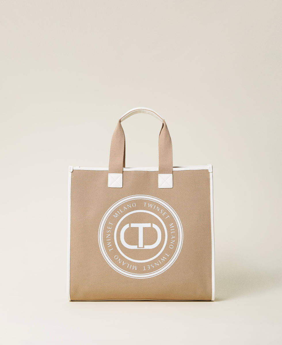 Large Aroha canvas shopping bag with logo Woman Beige TWINSET Milano