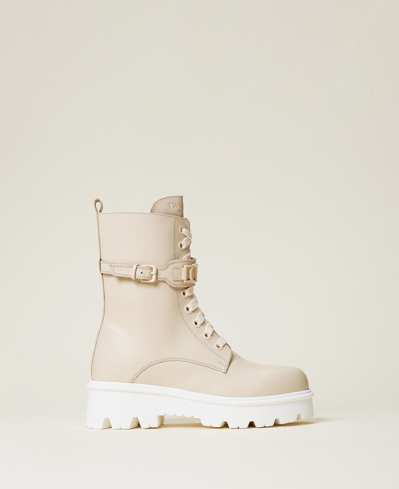 Leather combat boots with Oval T buckle White Snow Woman 221TCP118-03
