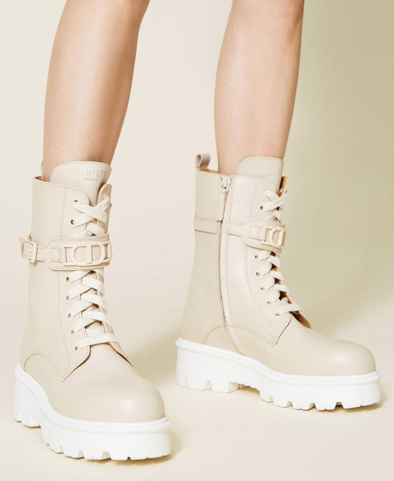 Leather combat boots with Oval T buckle White Snow Woman 221TCP118-0S