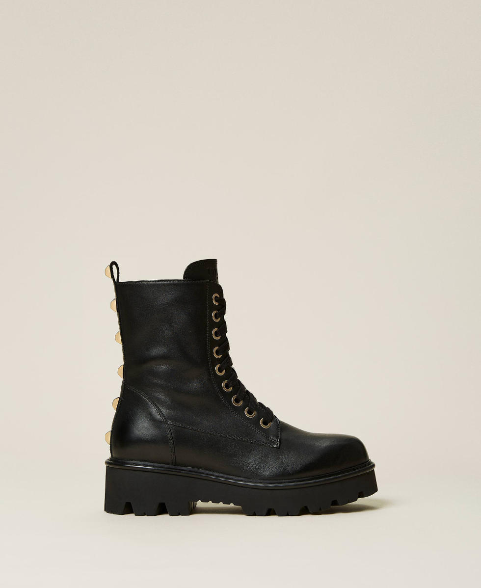 Leather combat boots with studs Woman Black TWINSET Milano