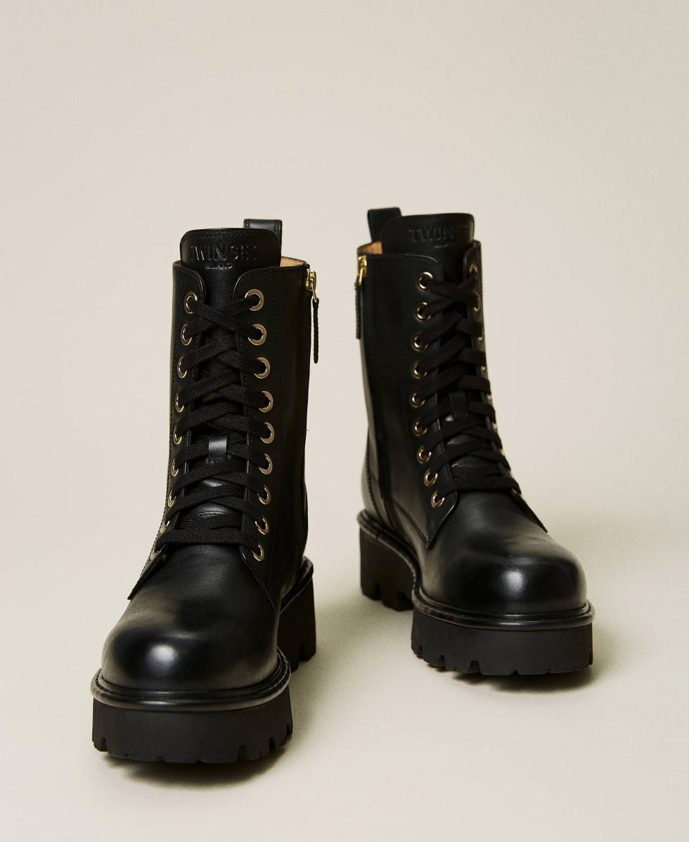 Leather combat boots with studs Woman Black TWINSET Milano