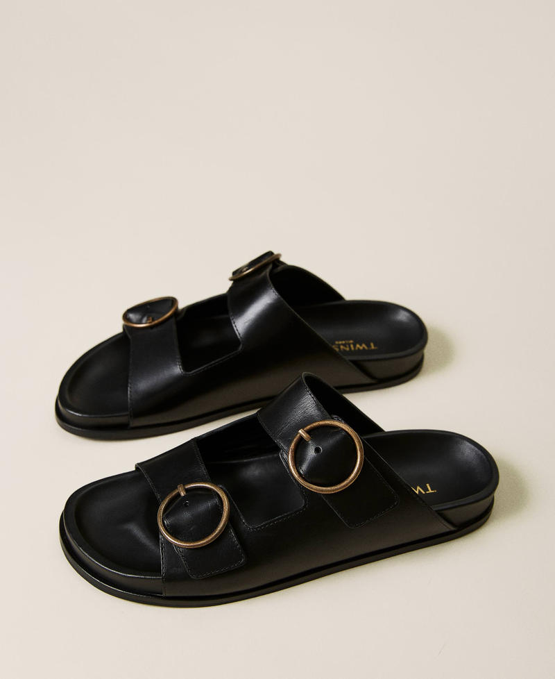 Leather sandals with double buckle Black Woman 221TCT014-01