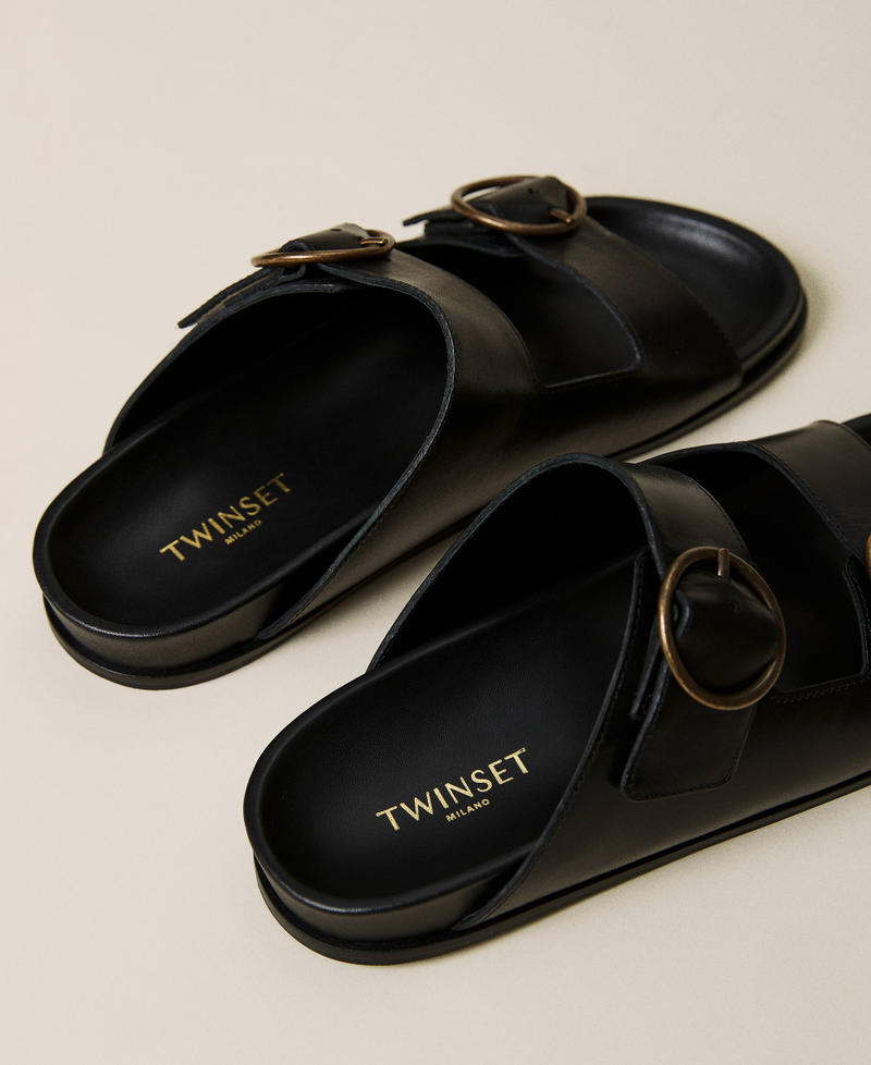Leather sandals with double buckle Woman, Black | TWINSET Milano