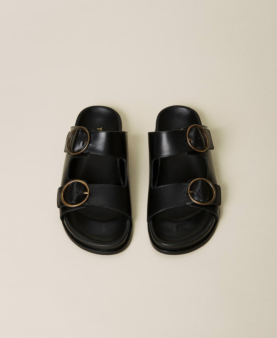 Leather sandals with double buckle Black Woman 221TCT014-05