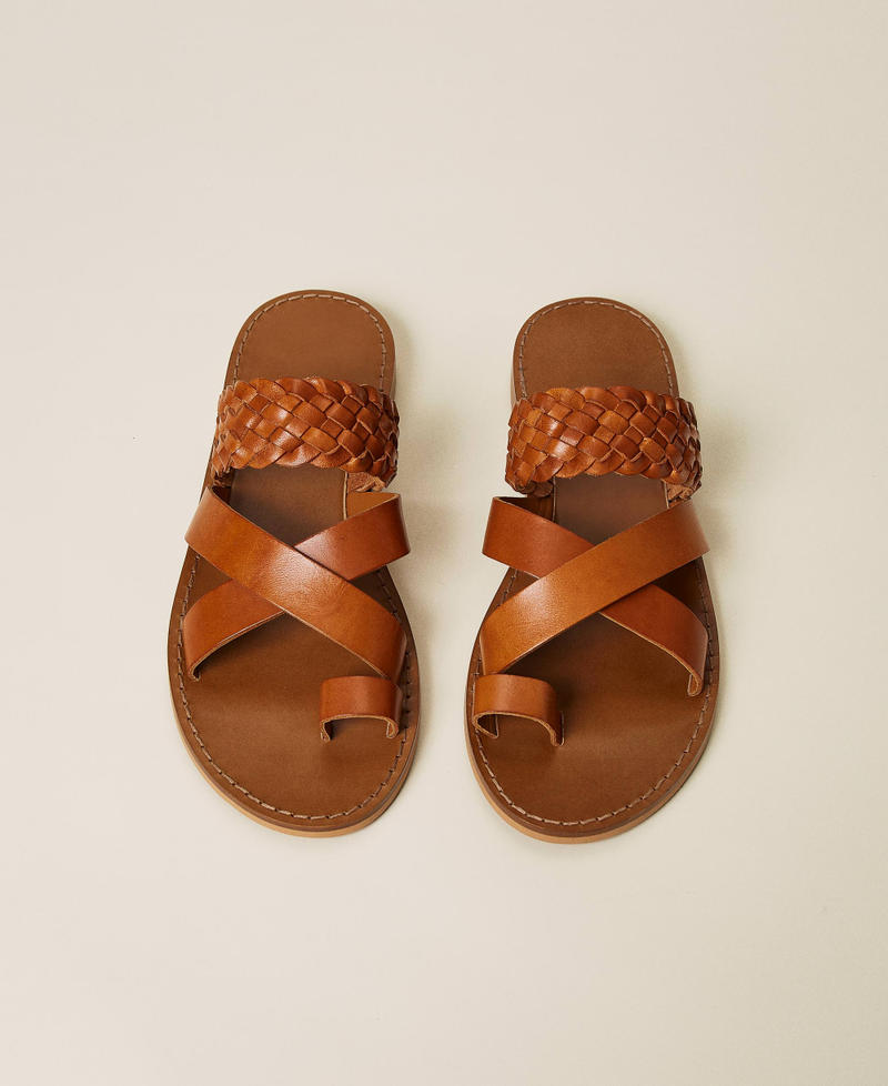 Weaved leather flat sandals Leather Brown Woman 221TCT052-05