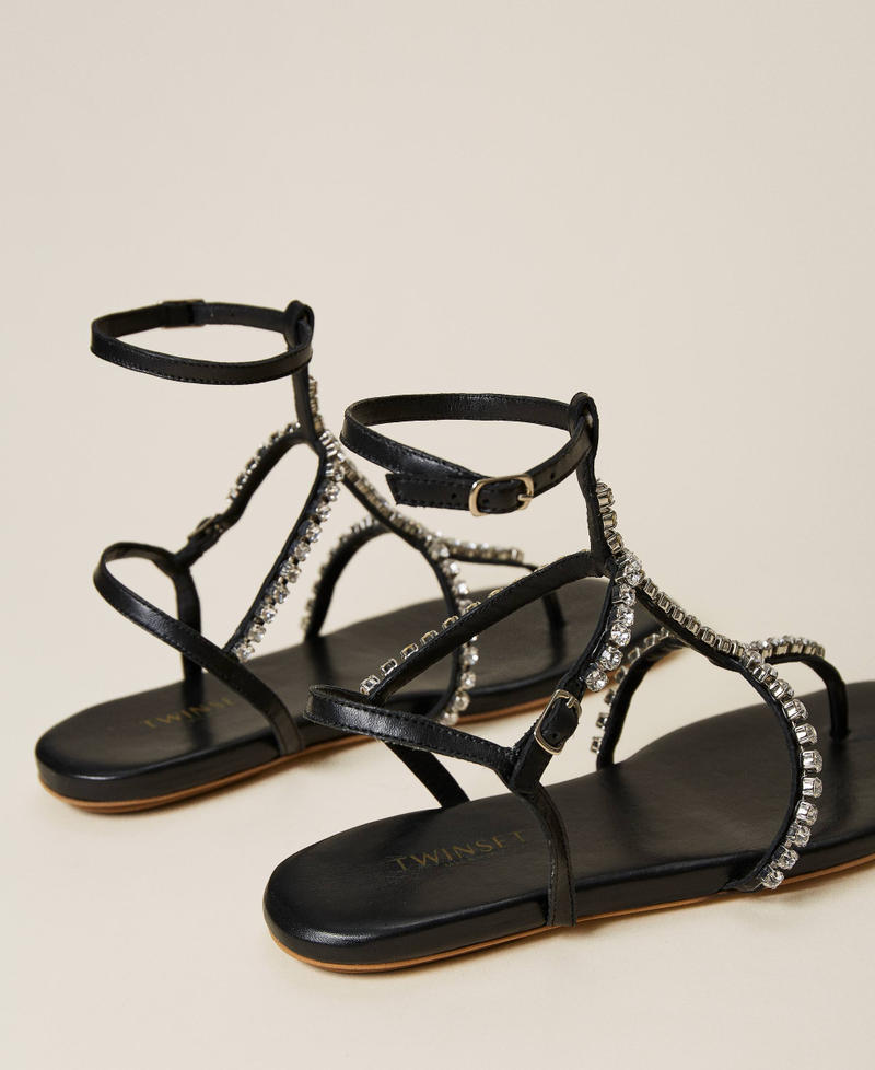 Leather sandals with rhinestones Woman, Black | TWINSET Milano
