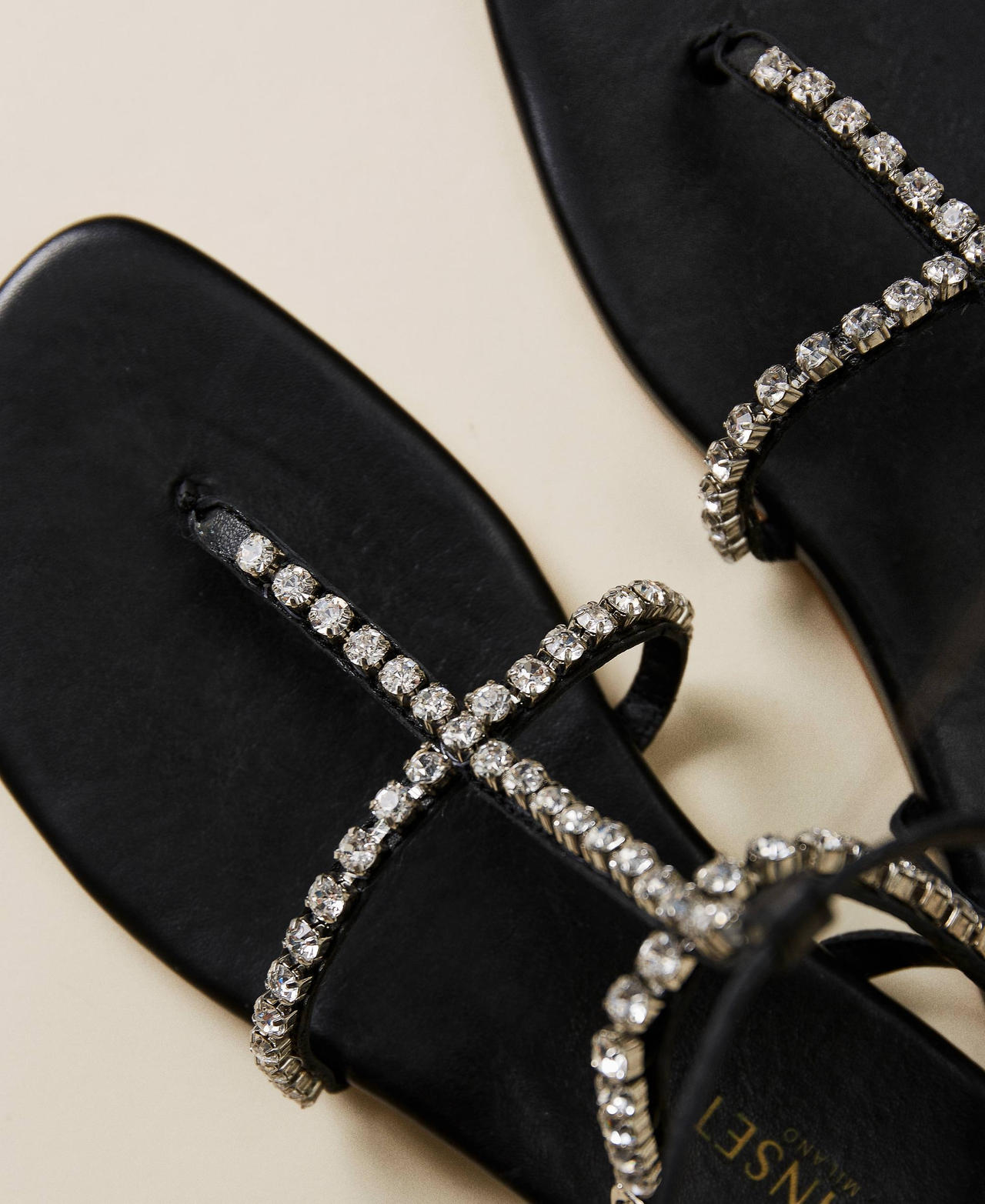 Black flat sandals with rhinestones sales
