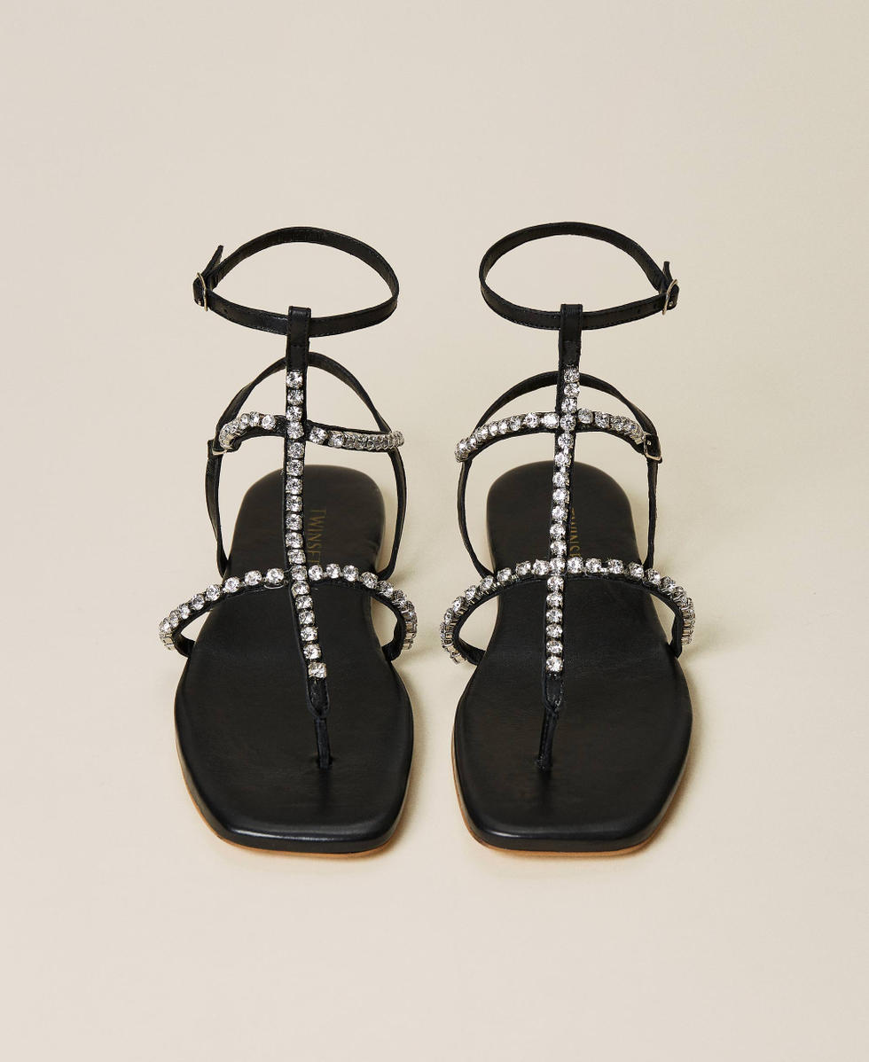 サンダル・ミュール leather sandals with crystals detail iCKER Women Rhinestone Sandals T-Strap Buckle Bohemian Pearl