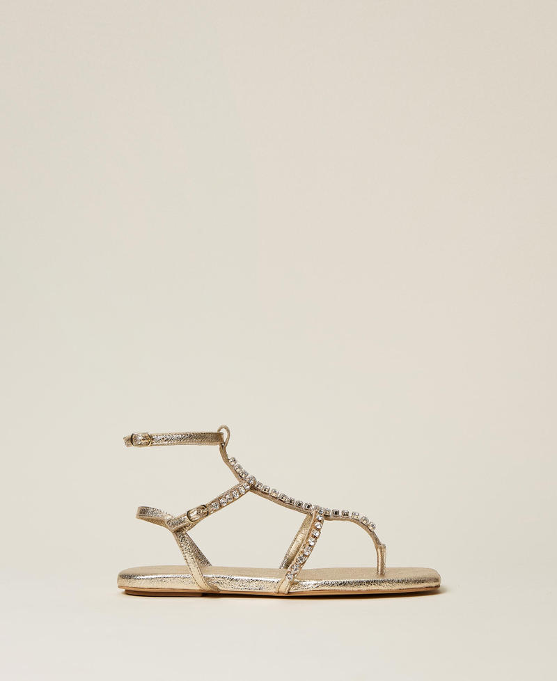 Laminated leather sandals with rhinestones