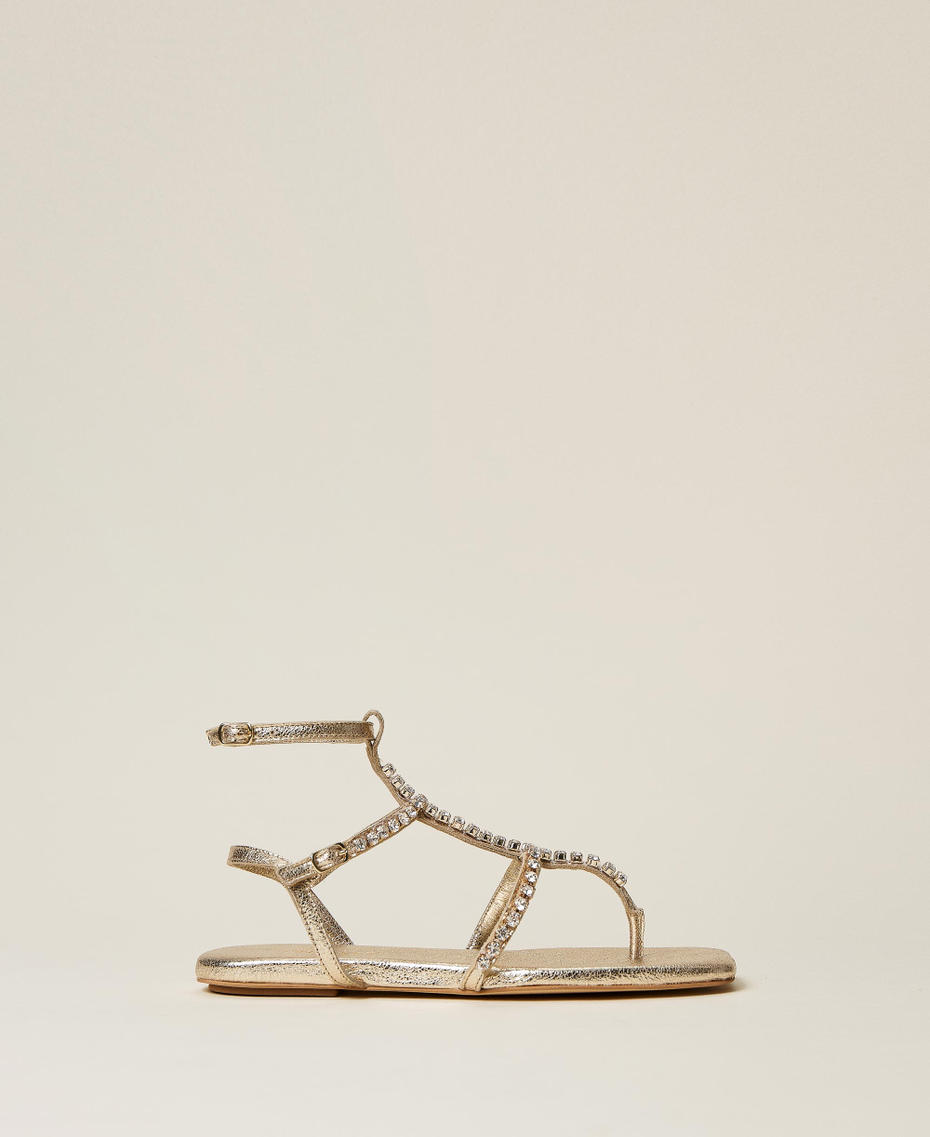 Laminated leather sandals with rhinestones