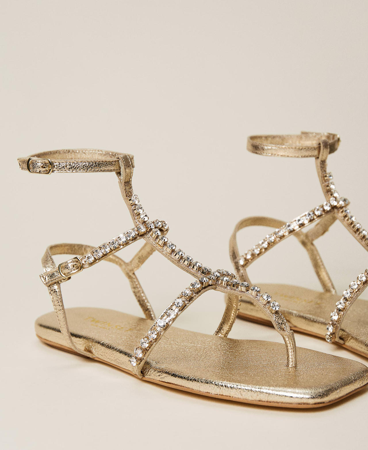 Laminated leather sandals with rhinestones