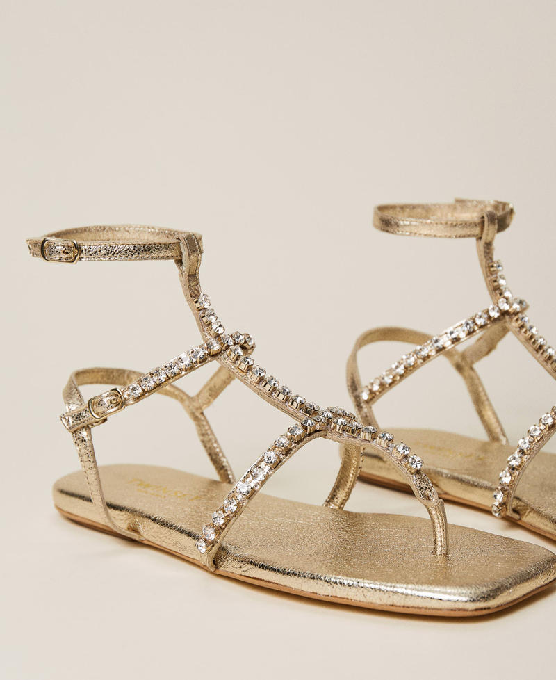 Laminated leather sandals with rhinestones
