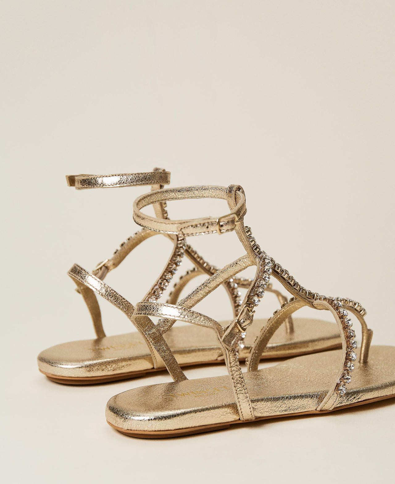 Laminated leather sandals with rhinestones