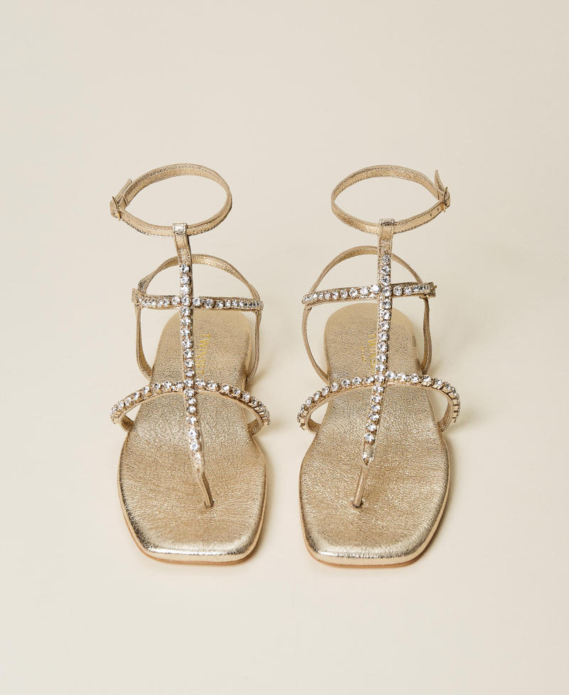 Laminated leather sandals with rhinestones Laminated Gold Woman 221TCT062-05