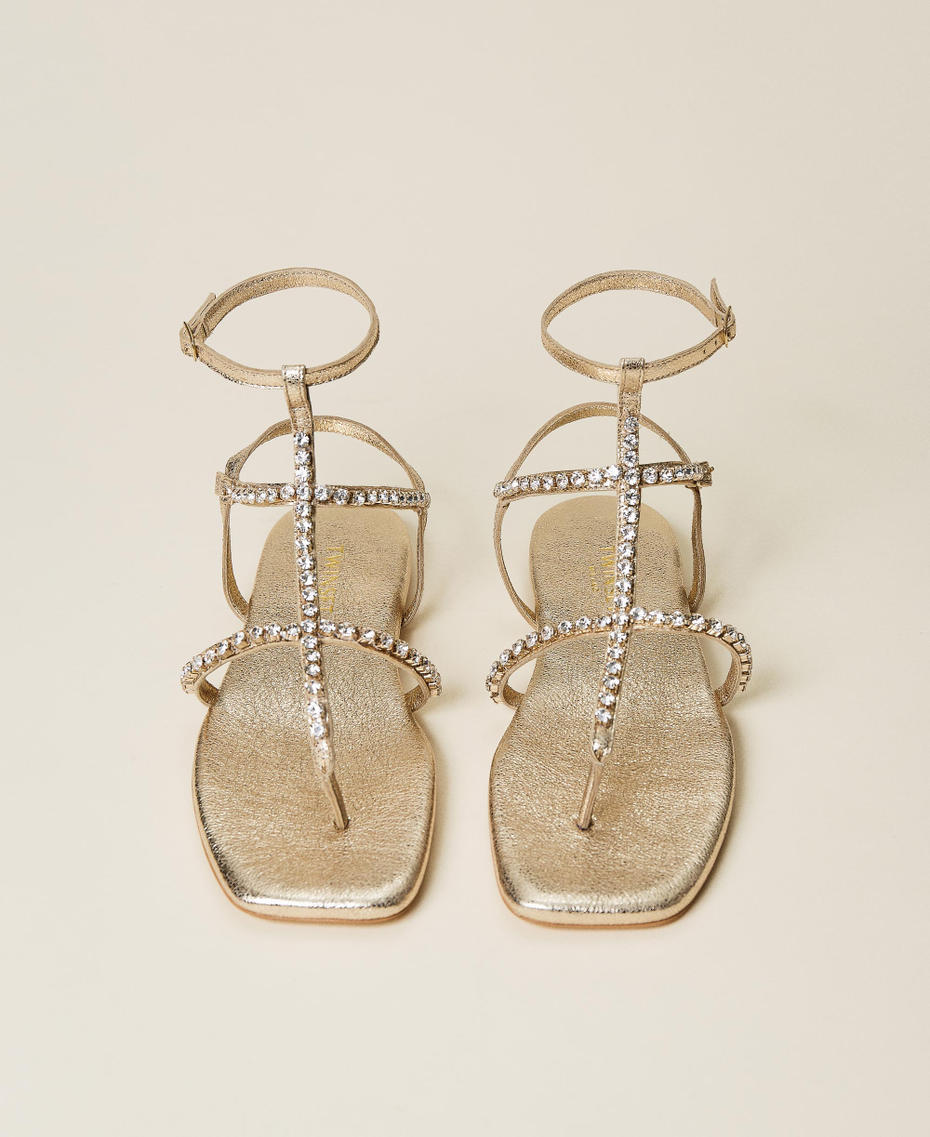 Laminated leather sandals with rhinestones