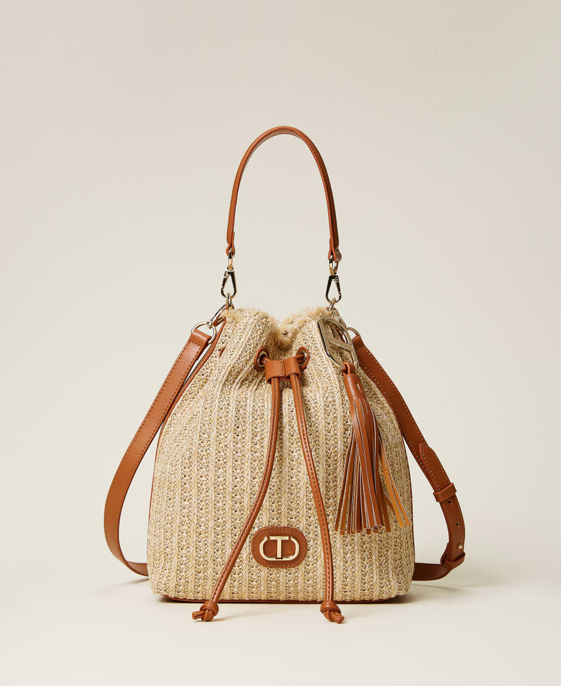 Weaved raffia-like bucket bag Two-tone "Cuban Sand” Brown / Tan Woman 221TD8161-01