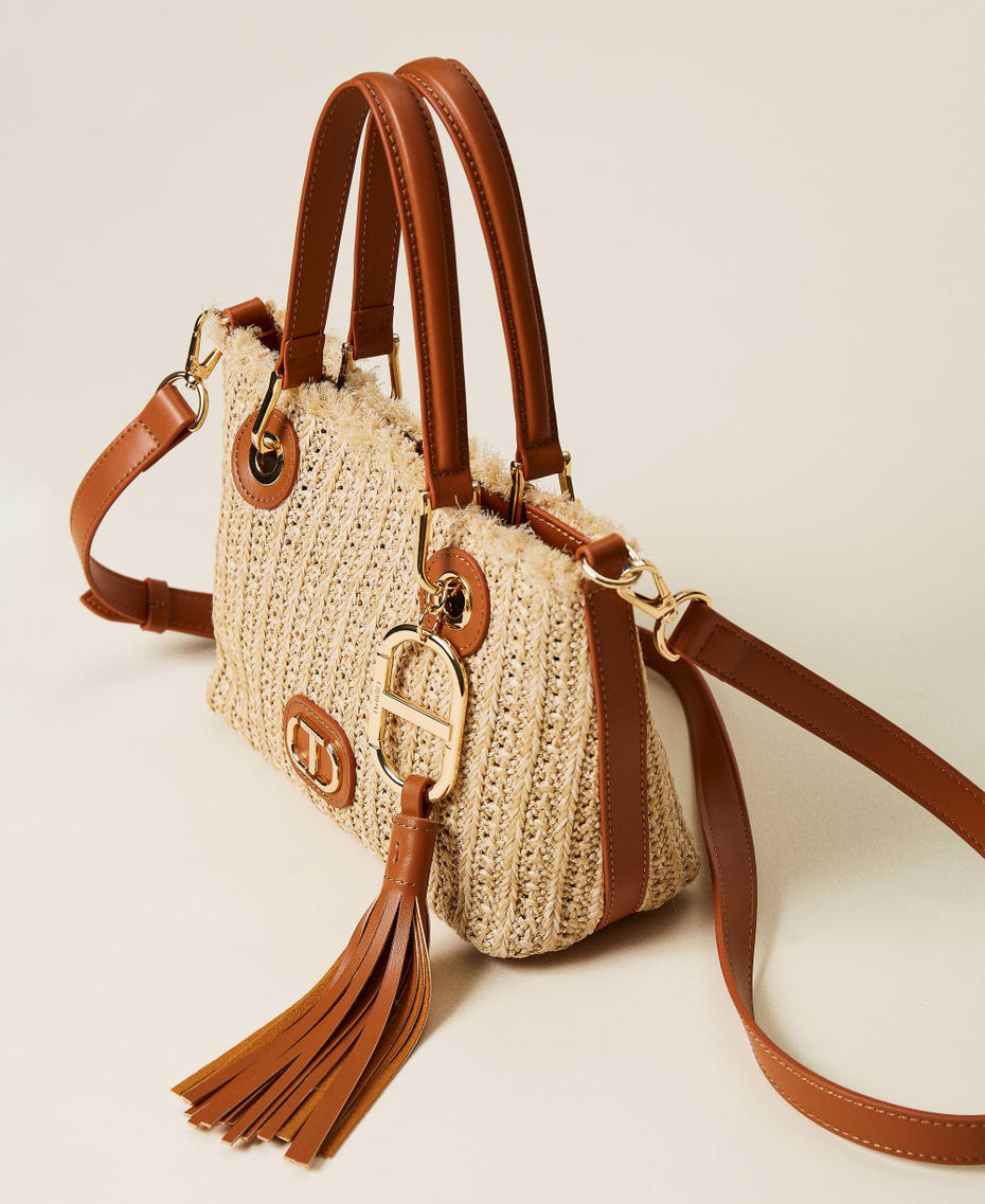 Weaved raffia-like shoulder bag Two-tone "Cuban Sand” Brown / Tan Woman 221TD8162-01