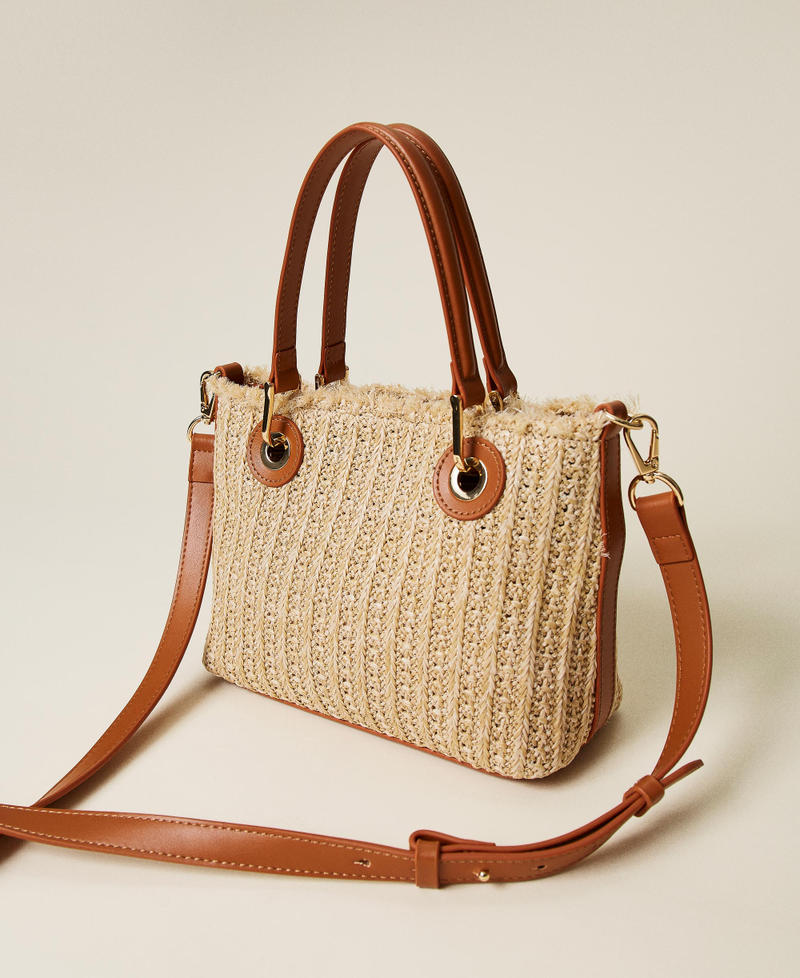 Weaved raffia-like shoulder bag Two-tone "Cuban Sand” Brown / Tan Woman 221TD8162-02