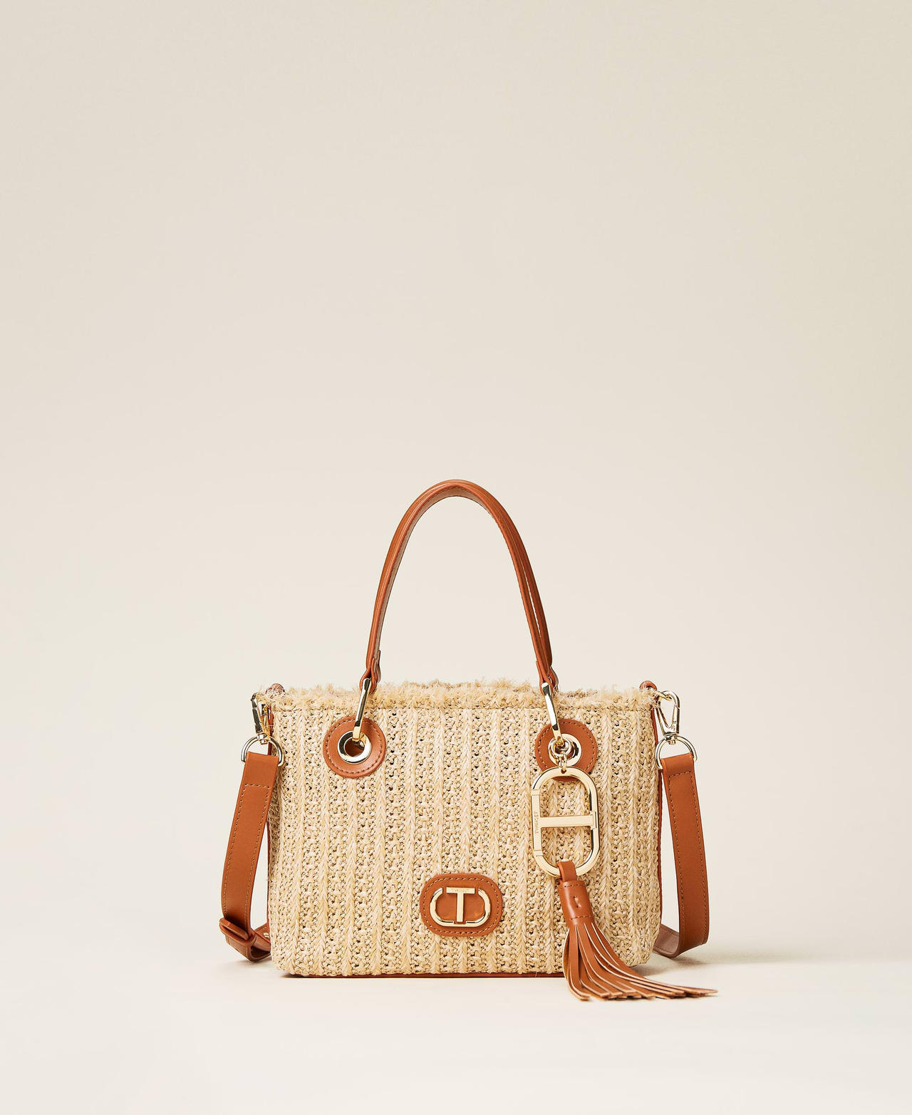 Weaved raffia-like shoulder bag Two-tone "Cuban Sand” Brown / Tan Woman 221TD8162-03
