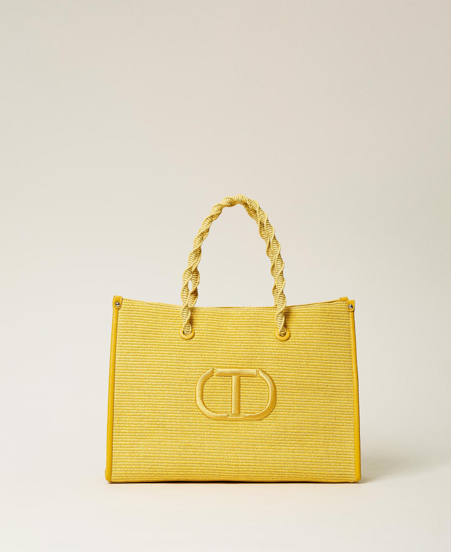 'Darling&rsquo; weaved raffia-effect shopper with logo