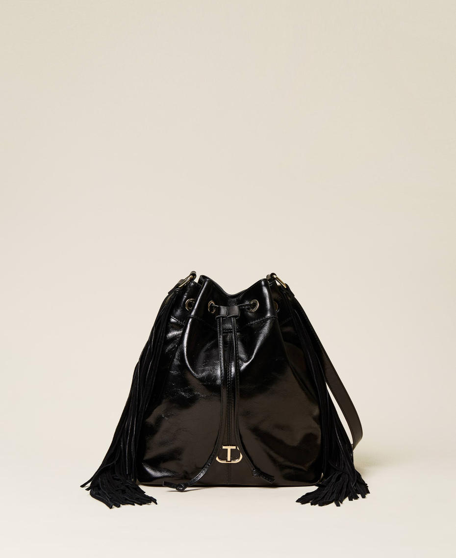 'Croí’ leather bucket bag with fringes Black Woman 221TD8303-01