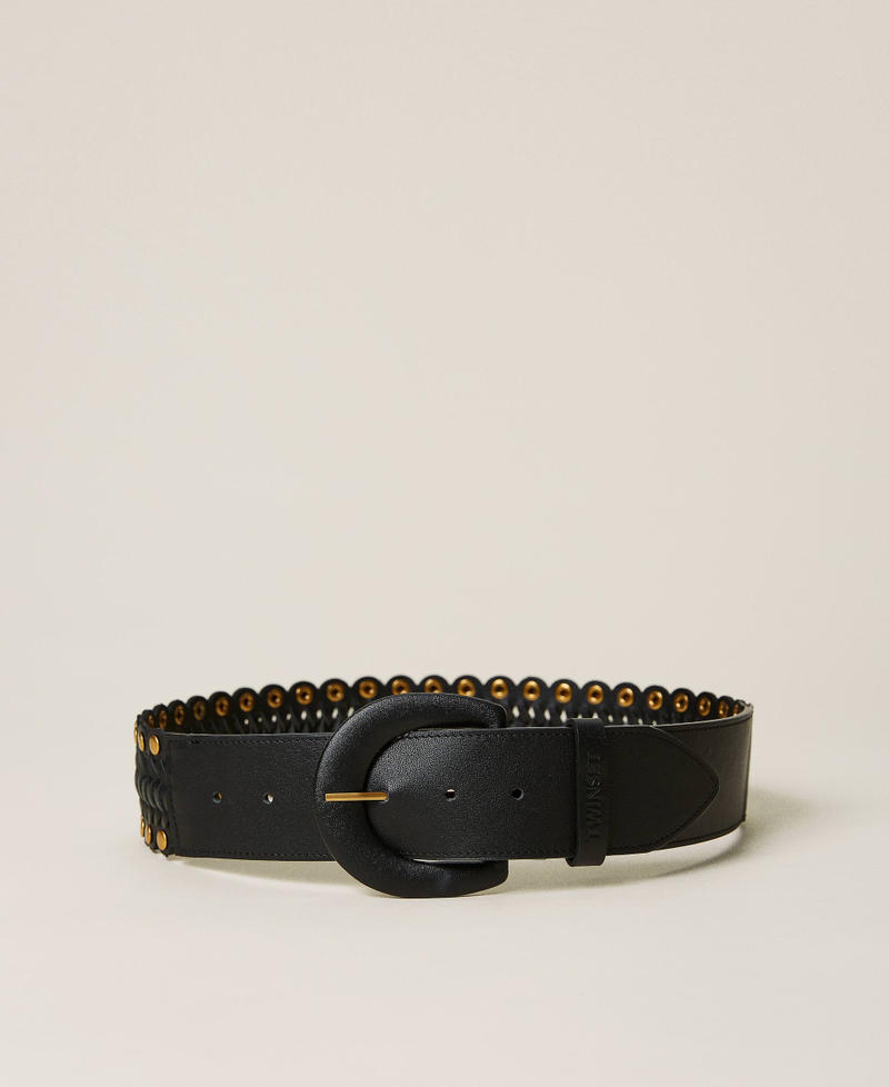 Leather belt with weaving and studs Black Woman 221TO5012-01