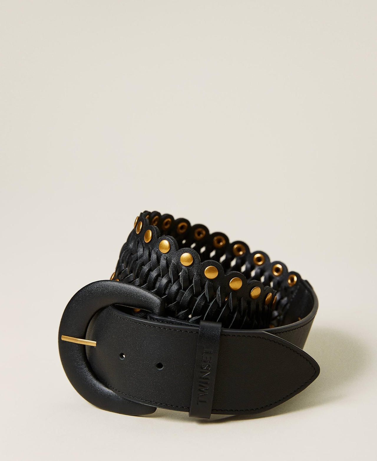 Leather belt with weaving and studs