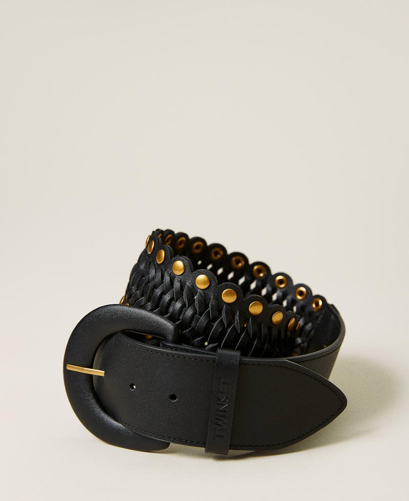 Leather belt with weaving and studs Black Woman 221TO5012-02