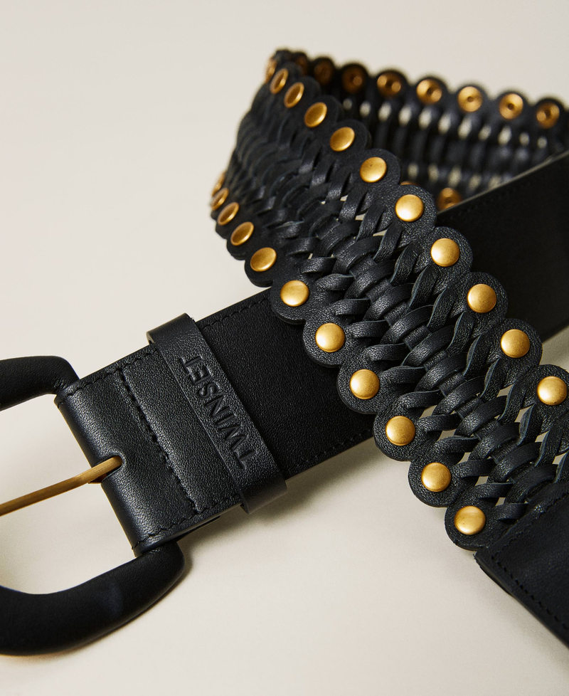 Leather belt with weaving and studs