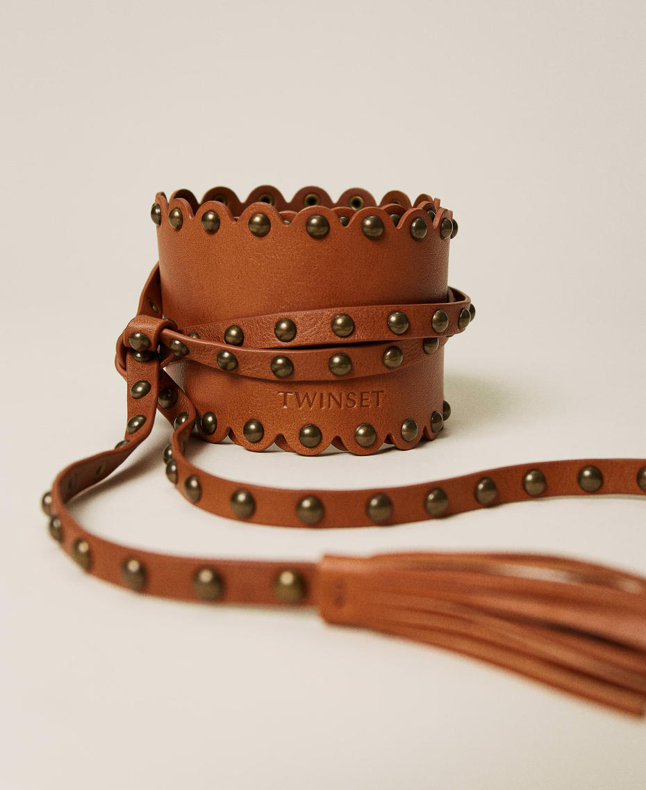 Leather sash belt with studs Leather Brown Woman 221TO5017-01