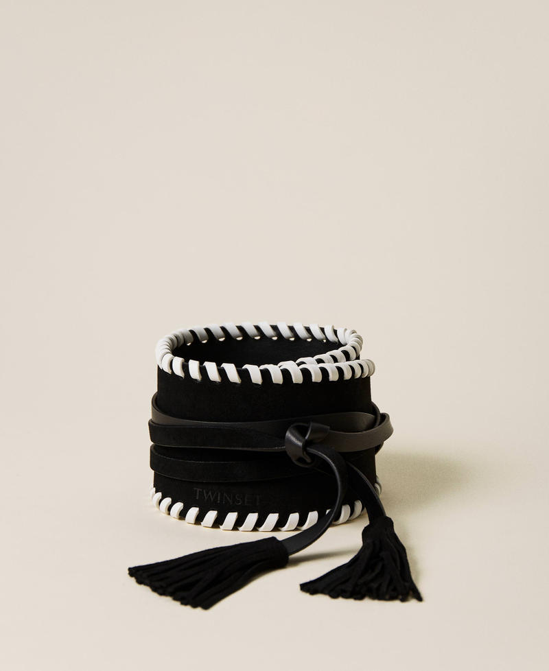 Leather sash belt with threadings Black / Lily Woman 221TO5018_01297_01