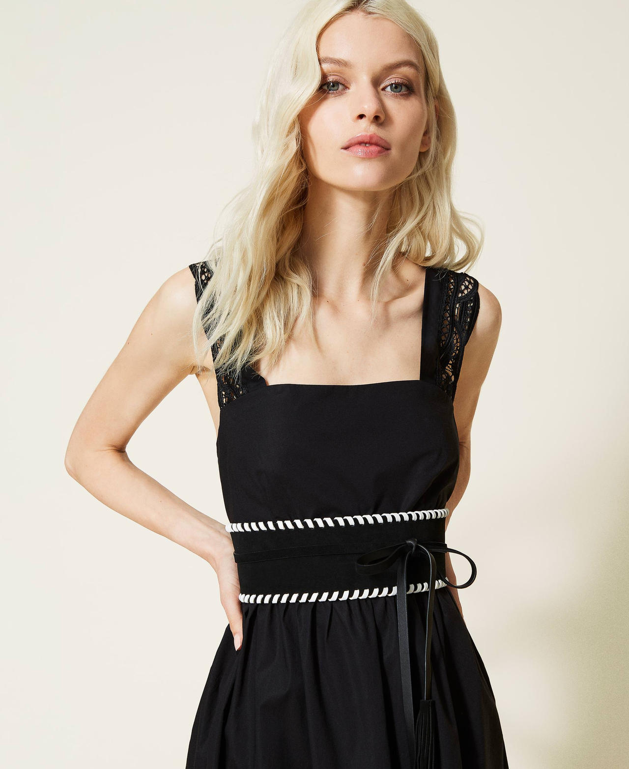 Leather sash belt with threadings Black / Lily Woman 221TO5018_01297_0S