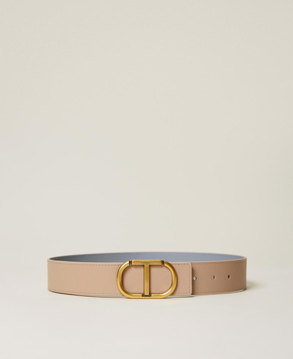 Reversible leather belt with Oval T logo Woman, Light blue