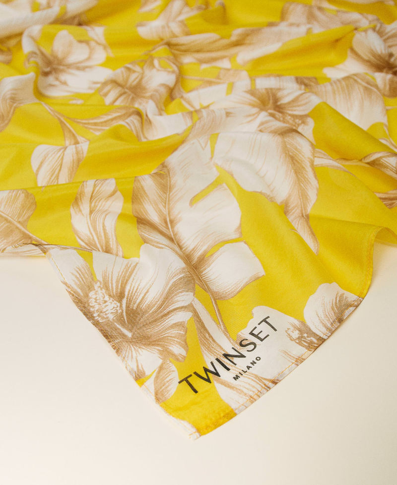 Pañuelo de mezcla de seda estampado de flores Estampado Hibisco Amarillo / Blanco «Nieve» Mujer 221TO504E-02