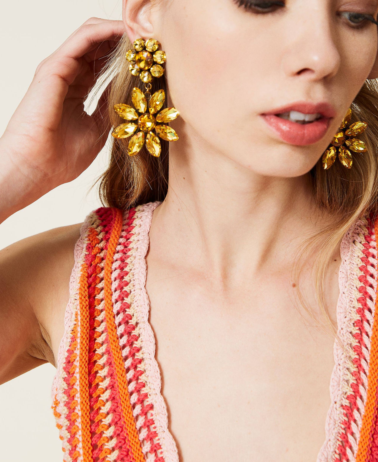 Earrings with flower rhinestones Two-tone "Cherry Tomato" Orange / "Celandine” Yellow Woman 221TO5063-0S