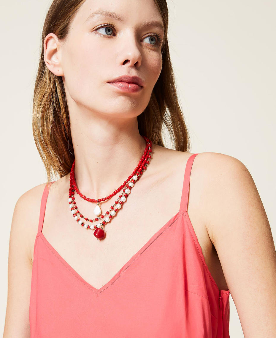 Collana Doppio Strato Oro 14K Con Perle E Cuori - Girocollo